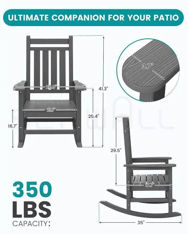 Alt view image 3 of 7 - Oversized Outdoor Rocking Chair Set of 4, HDPE Rocker for Adults, Patio Rocking Chairs for Porch, Grey
