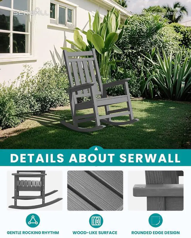 Alt view image 4 of 7 - Oversized Outdoor Rocking Chair Set of 4, HDPE Rocker for Adults, Patio Rocking Chairs for Porch, Grey