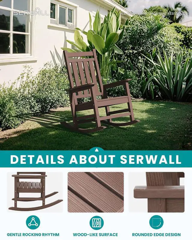 Alt view image 3 of 7 - Oversized Outdoor Rocking Chair Set of 2, HDPE Rocker for Adults, Patio Rocking Chairs for Porch, Brown