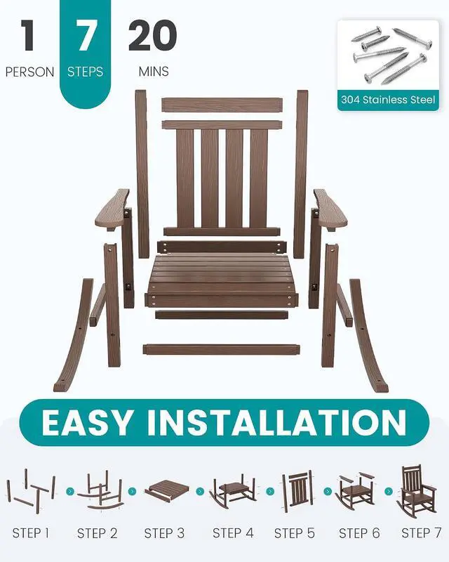 Alt view image 5 of 7 - Oversized Outdoor Rocking Chair Set of 2, HDPE Rocker for Adults, Patio Rocking Chairs for Porch, Brown