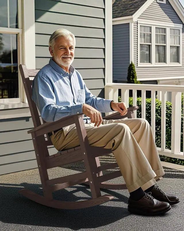 Alt view image 7 of 7 - Oversized Outdoor Rocking Chair Set of 2, HDPE Rocker for Adults, Patio Rocking Chairs for Porch, Brown
