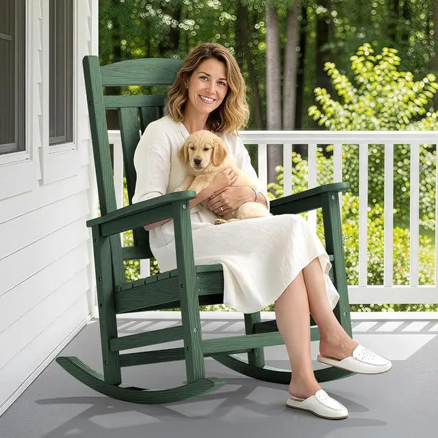 Alt view image 2 of 7 - Oversized Outdoor Rocking Chair, All-Weather Patio Rocking Chair, HDPE Porch Rocker for Adults, Green