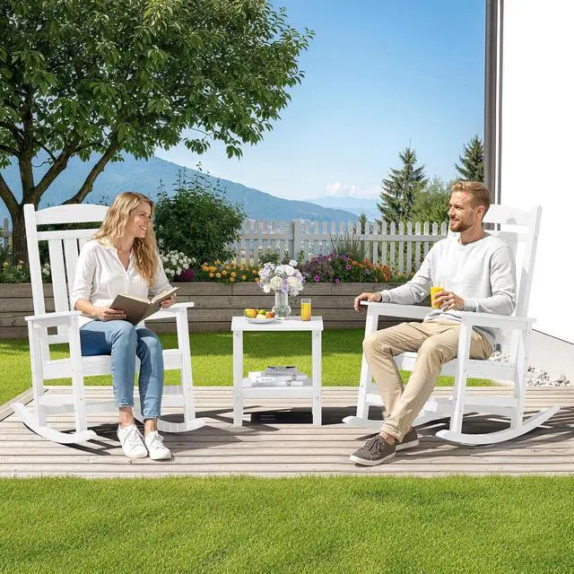 Alt view image 2 of 7 - Oversized Outdoor Rocking Chairs Set of 4, Oversized HDPE Porch Rockers for Adults, All-Weather Composite Patio Rocking Chairs, White
