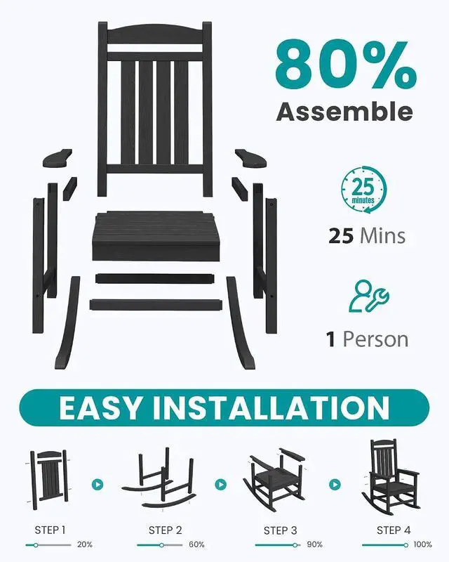 Alt view image 7 of 7 - Oversized HDPE Outdoor Rocking Chair Set of 4, Patio Rocking Chairs, All-Weather Porch Rockers for Adults, Black