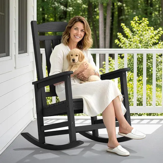 Alt view image 2 of 7 - Oversized Outdoor Rocking Chair, All-Weather Patio Rocking Chair, HDPE Porch Rocker for Adults, Black
