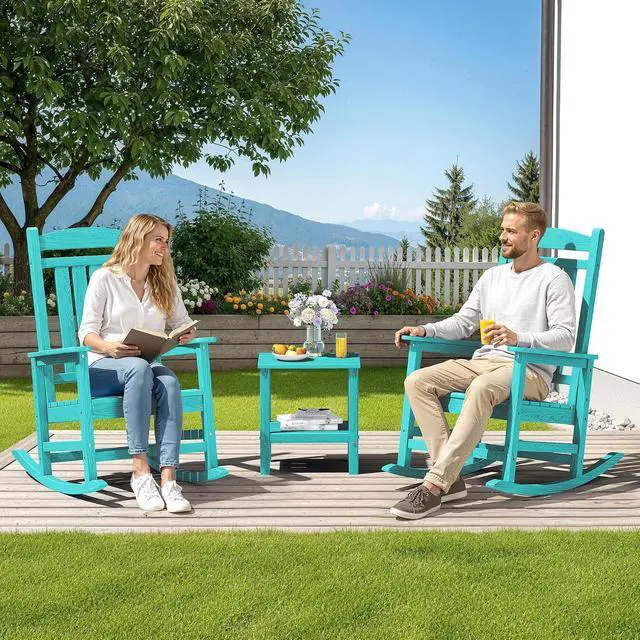 Alt view image 2 of 7 - Oversized HDPE Outdoor Rocking Chair Set of 4, Patio Rocking Chairs, All-Weather Porch Rockers for Adults, Aruba Blue