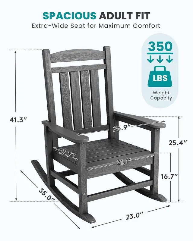 Alt view image 3 of 7 - Oversized Outdoor Rocking Chair Set of 4, HDPE Patio Rocking Chair, All-Weather Porch Rocker for Balcony, Yard, Dark Gray