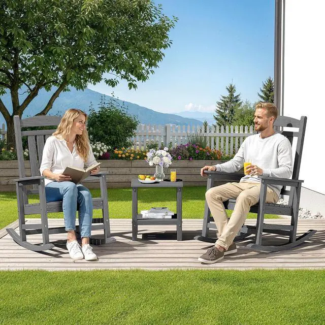 Alt view image 2 of 7 - Oversized Outdoor Rocking Chair Set of 4, HDPE Patio Rocking Chair, All-Weather Porch Rocker for Balcony, Yard, Dark Gray