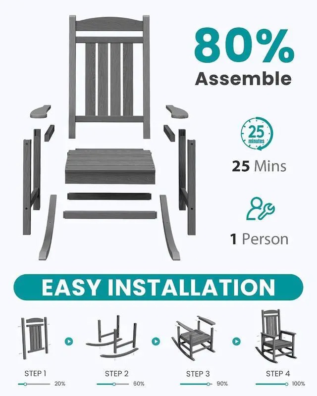 Alt view image 5 of 7 - Oversized Outdoor Rocking Chair, HDPE Patio Rocking Chair All-Weather Porch Rocker for Balcony, Yard, Multi Gray