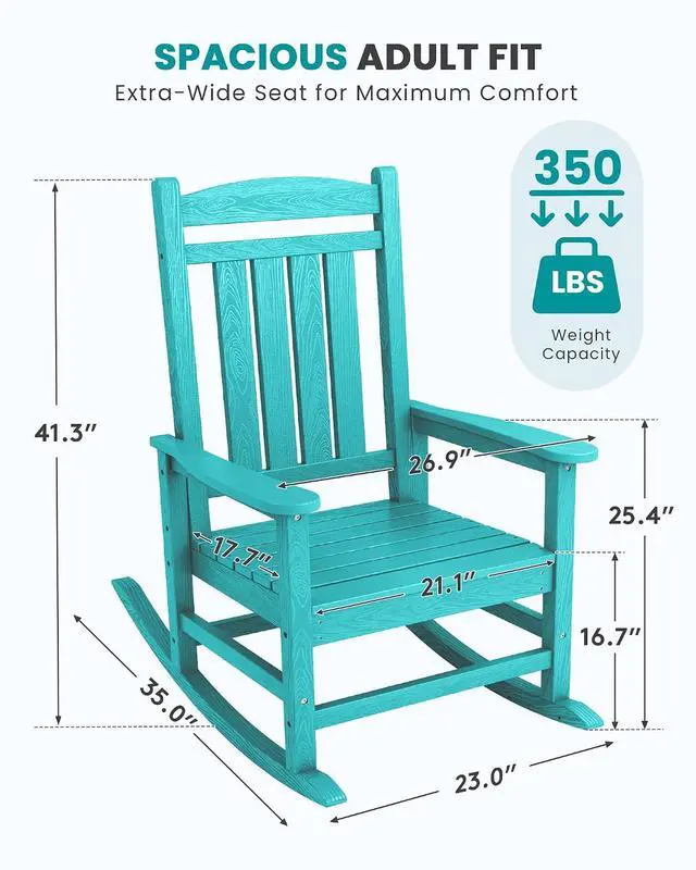 Alt view image 3 of 7 - Oversized Outdoor Rocking Chair, All-Weather Patio Rocking Chair, HDPE Porch Rocker for Adults, Aruba Blue