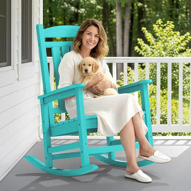 Alt view image 2 of 7 - Oversized Outdoor Rocking Chair, All-Weather Patio Rocking Chair, HDPE Porch Rocker for Adults, Aruba Blue