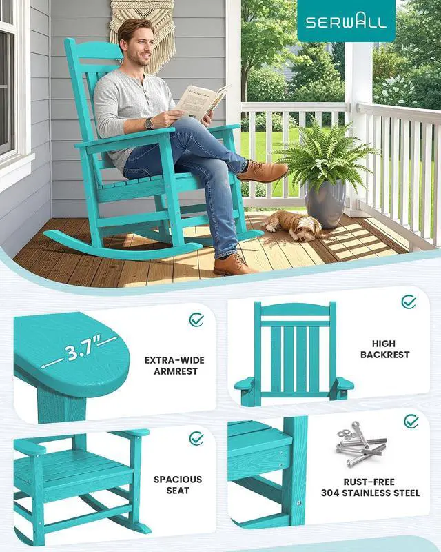 Alt view image 7 of 7 - Oversized Outdoor Rocking Chair, All-Weather Patio Rocking Chair, HDPE Porch Rocker for Adults, Aruba Blue