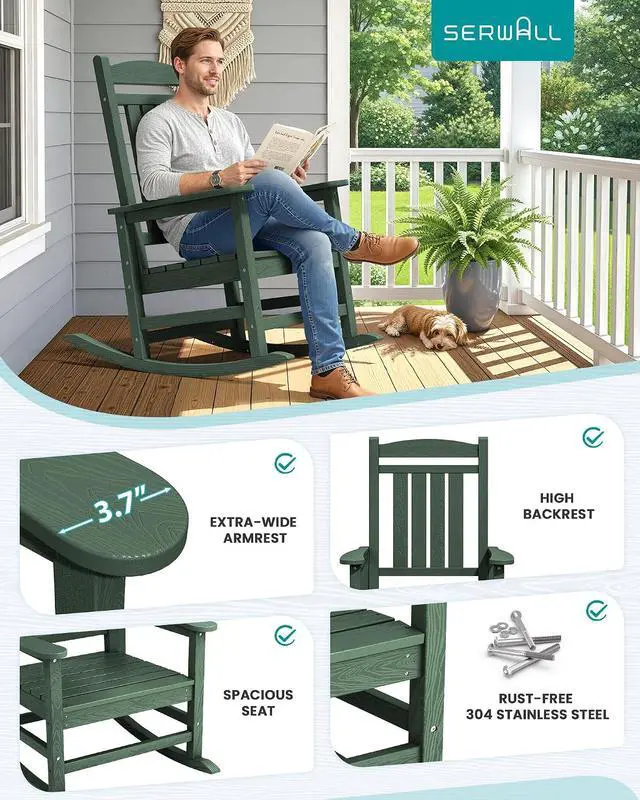 Alt view image 6 of 7 - Oversized Outdoor Rocking Chair, All-Weather Patio Rocking Chair, HDPE Porch Rocker for Adults, Green