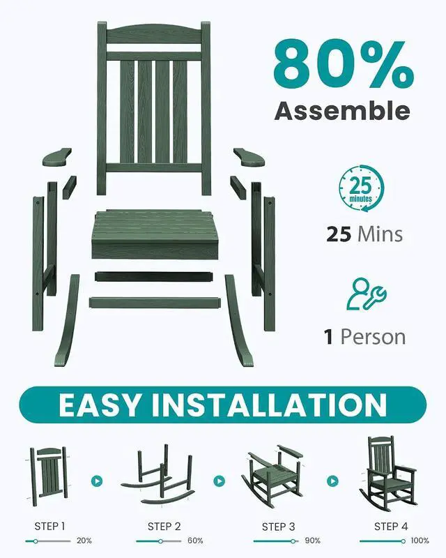 Alt view image 7 of 7 - Oversized Outdoor Rocking Chair, All-Weather Patio Rocking Chair, HDPE Porch Rocker for Adults, Green