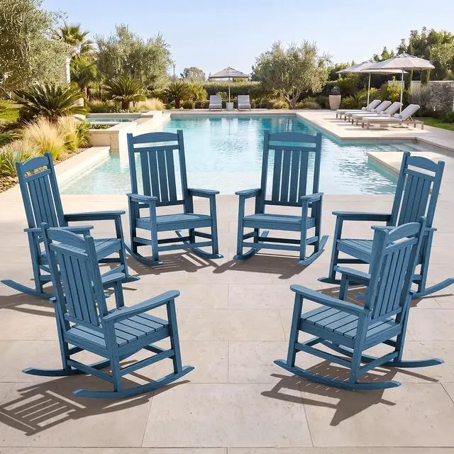 Main image of Oversized Rocking Chairs Set of 6, HDPE Outdoor Rocking Chair, All-Weather Porch Rockers for Patio, Blue