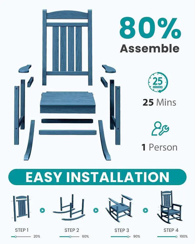 Alt view image 4 of 7 - Oversized Rocking Chairs Set of 6, HDPE Outdoor Rocking Chair, All-Weather Porch Rockers for Patio, Blue