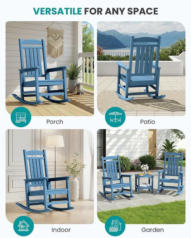 Alt view image 7 of 7 - Oversized Rocking Chairs Set of 6, HDPE Outdoor Rocking Chair, All-Weather Porch Rockers for Patio, Blue