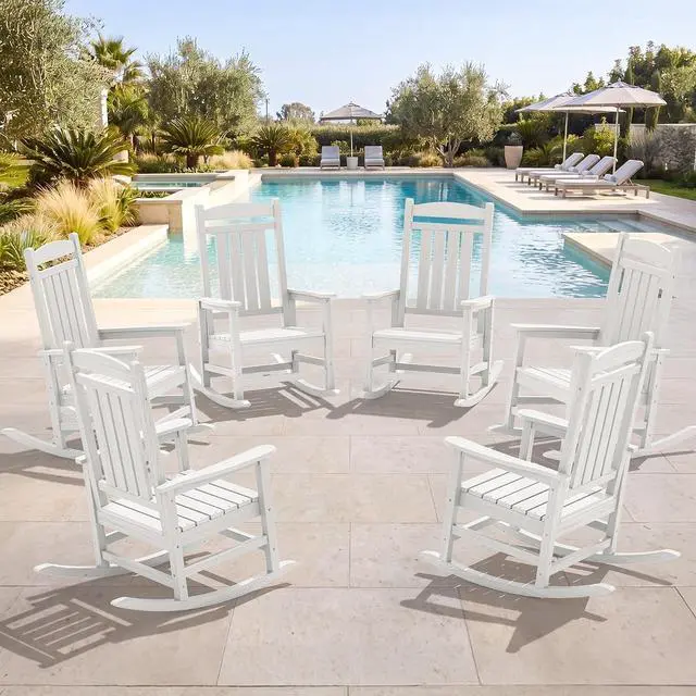 Main image of Oversized Outdoor Rocking Chairs Set of 6, Oversized HDPE Porch Rockers for Adults, All-Weather Composite Patio Rocking Chairs, White