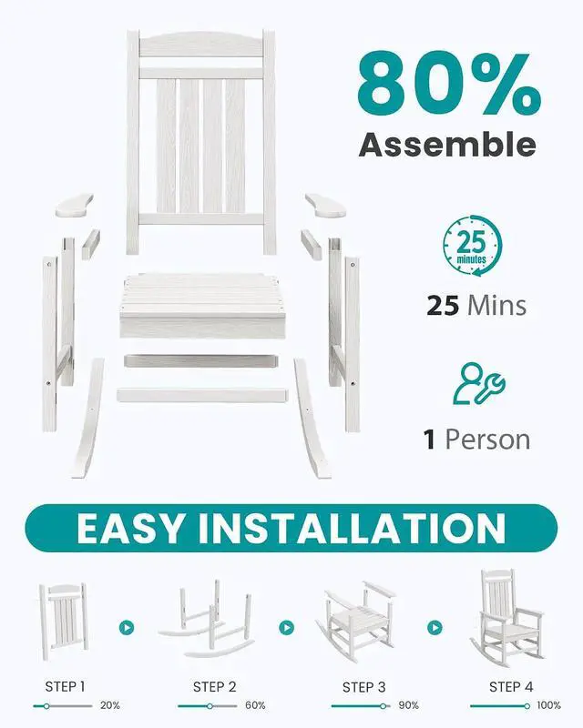 Alt view image 4 of 7 - Oversized Outdoor Rocking Chairs Set of 6, Oversized HDPE Porch Rockers for Adults, All-Weather Composite Patio Rocking Chairs, White