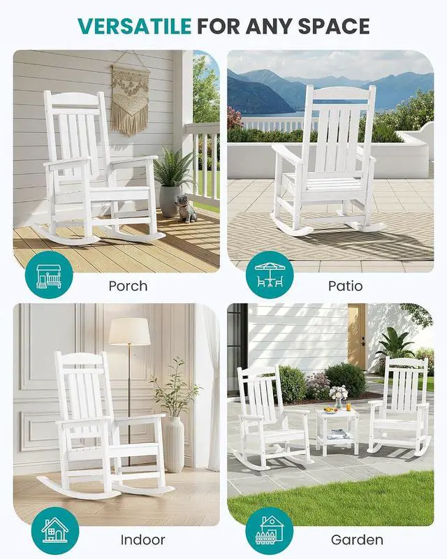Alt view image 7 of 7 - Oversized Outdoor Rocking Chairs Set of 6, Oversized HDPE Porch Rockers for Adults, All-Weather Composite Patio Rocking Chairs, White