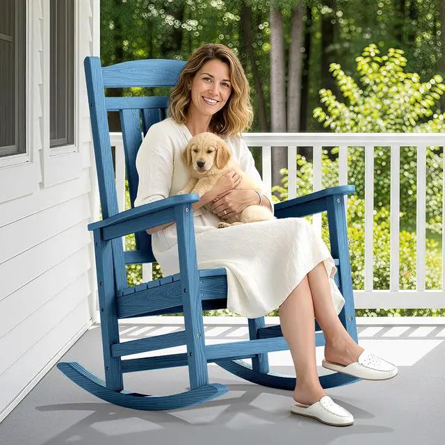 Alt view image 2 of 7 - Oversized Outdoor Rocking Chair, All-Weather Patio Rocking Chair, HDPE Porch Rocker for Adults, Blue