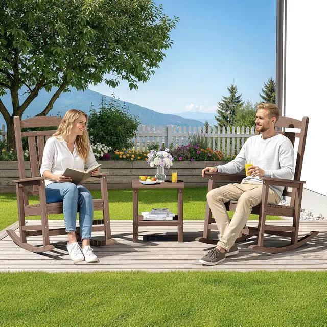 Alt view image 2 of 7 - Oversized HDPE Outdoor Rocking Chair Set of 4, Patio Rocking Chairs, All-Weather Porch Rockers for Adults, Brown