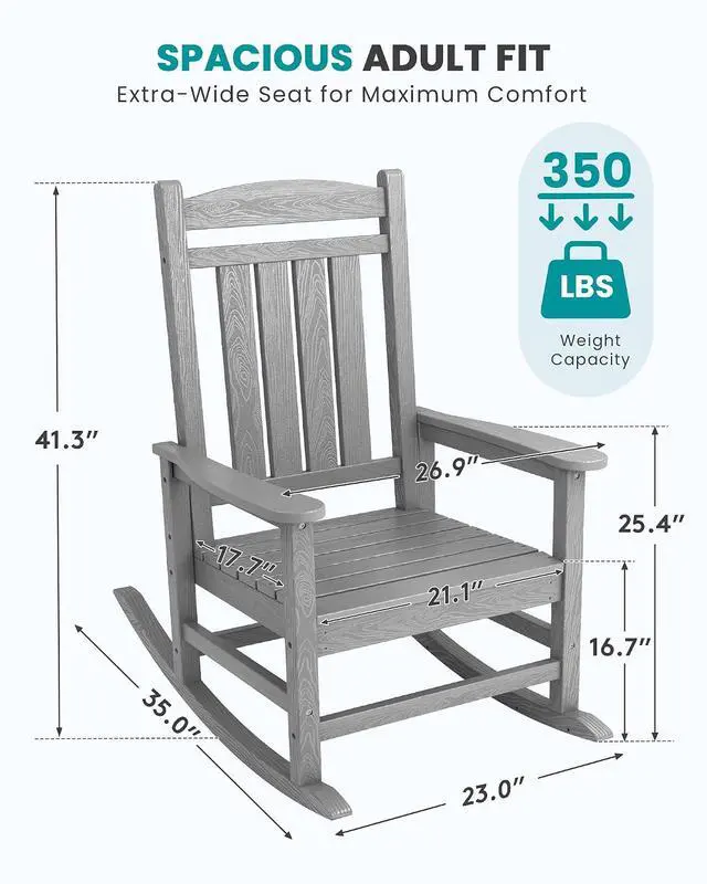 Alt view image 3 of 7 - Oversized HDPE Outdoor Rocking Chair Set of 4, Oversized Patio Rocking Chairs, All-Weather Porch Rockers for Adults, Light Gray