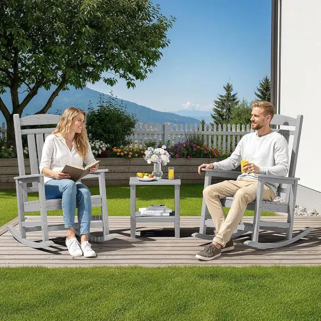 Alt view image 2 of 7 - Oversized HDPE Outdoor Rocking Chair Set of 4, Oversized Patio Rocking Chairs, All-Weather Porch Rockers for Adults, Light Gray