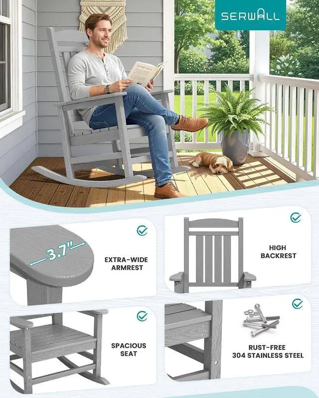 Alt view image 7 of 7 - Oversized HDPE Outdoor Rocking Chair Set of 4, Oversized Patio Rocking Chairs, All-Weather Porch Rockers for Adults, Light Gray