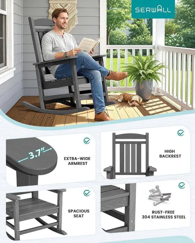 Alt view image 7 of 7 - Oversized Outdoor Rocking Chair, HDPE Patio Rocking Chair All-Weather Porch Rocker for Balcony, Yard, Multi Gray