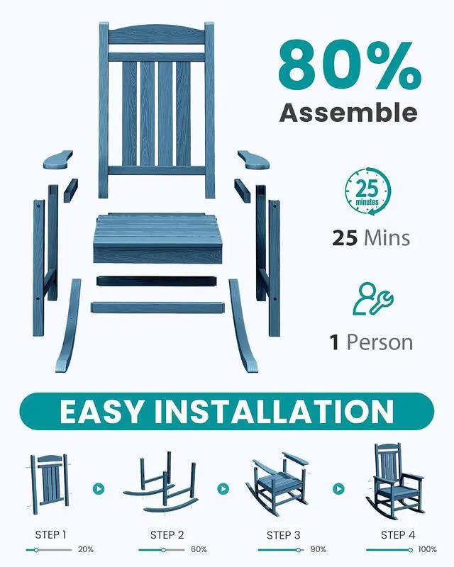 Alt view image 5 of 7 - Oversized Outdoor Rocking Chair, All-Weather Patio Rocking Chair, HDPE Porch Rocker for Adults, Multi Blue