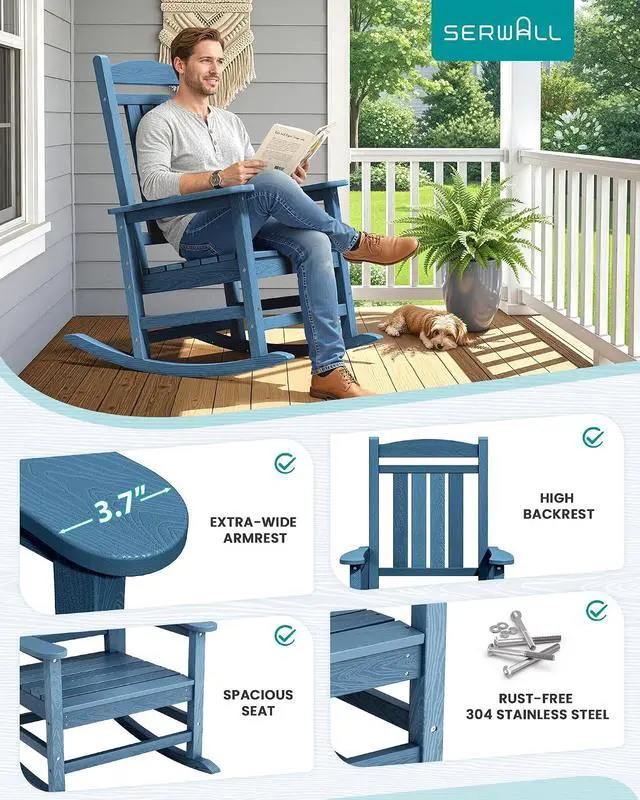 Alt view image 7 of 7 - Oversized Outdoor Rocking Chair, All-Weather Patio Rocking Chair, HDPE Porch Rocker for Adults, Multi Blue