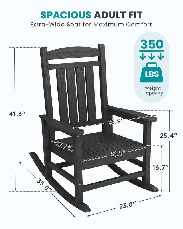 Alt view image 3 of 7 - Oversized HDPE Outdoor Rocking Chair Set of 2, Patio Rocking Chairs, All-Weather Porch Rockers for Adults, Black
