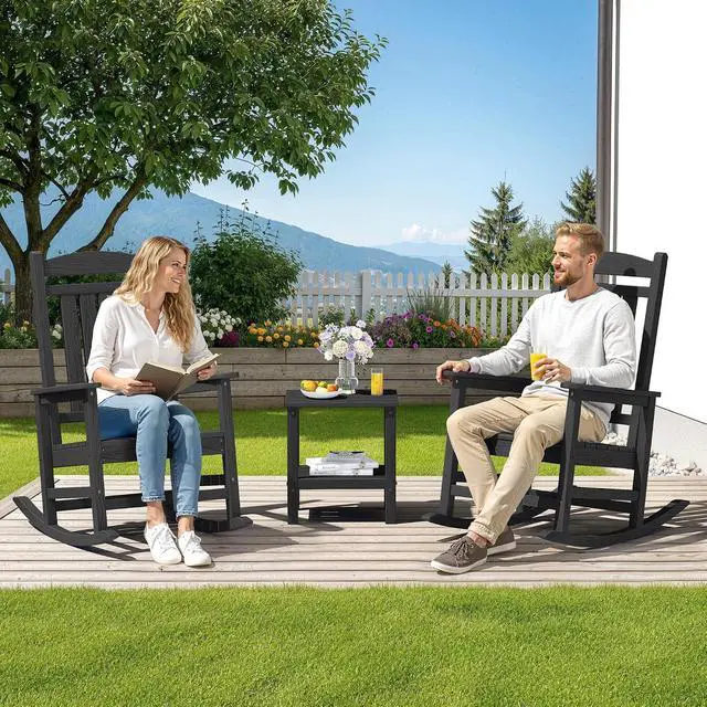 Alt view image 2 of 7 - Oversized HDPE Outdoor Rocking Chair Set of 2, Patio Rocking Chairs, All-Weather Porch Rockers for Adults, Black