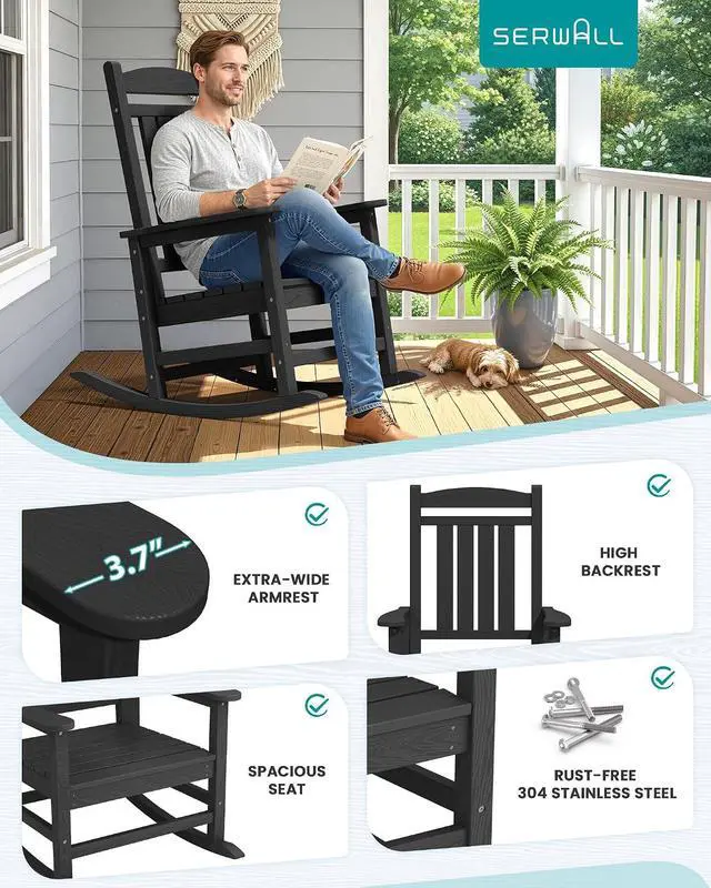 Alt view image 7 of 7 - Oversized HDPE Outdoor Rocking Chair Set of 2, Patio Rocking Chairs, All-Weather Porch Rockers for Adults, Black