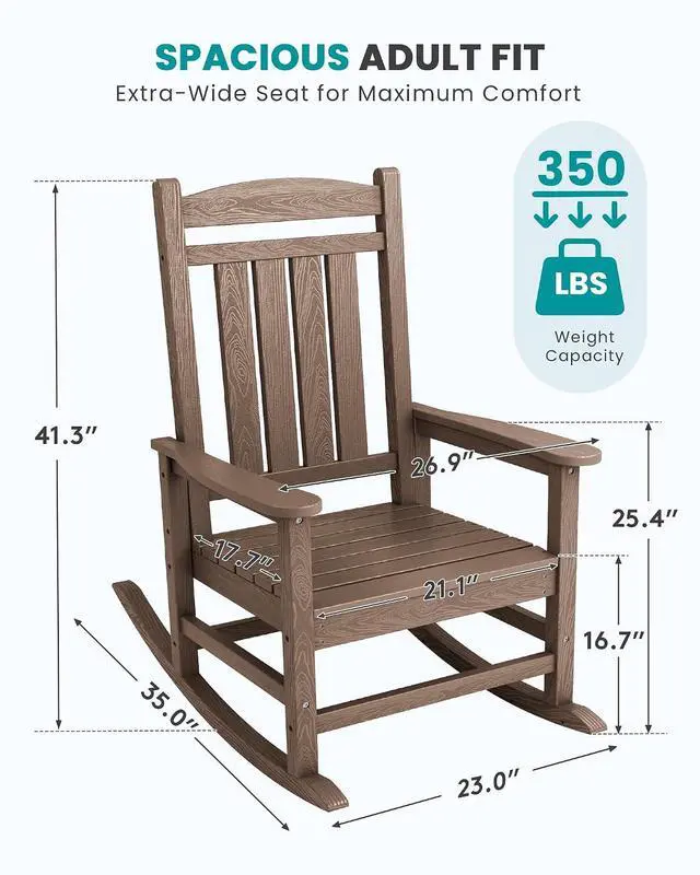 Alt view image 3 of 7 - Oversized HDPE Outdoor Rocking Chair for Adults, Heavy Duty Patio Rocking Chair, All-Weather Oversized Porch Rocker, Brown