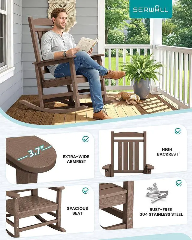 Alt view image 5 of 7 - Oversized HDPE Outdoor Rocking Chair for Adults, Heavy Duty Patio Rocking Chair, All-Weather Oversized Porch Rocker, Brown