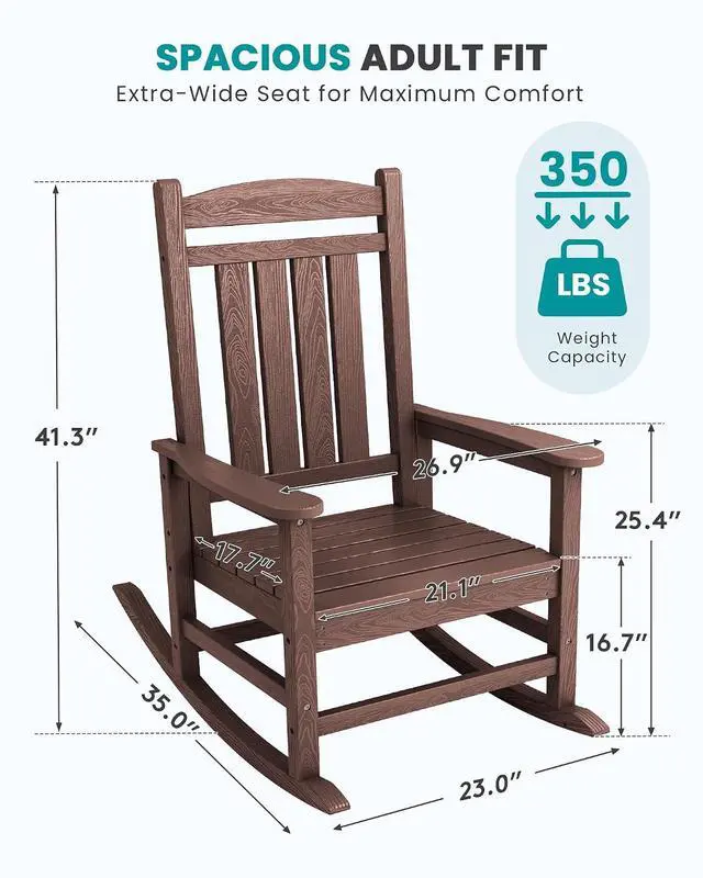 Alt view image 3 of 7 - Oversized Outdoor Rocking Chair, All-Weather Patio Rocking Chair, HDPE Porch Rocker for Adults, Coffee