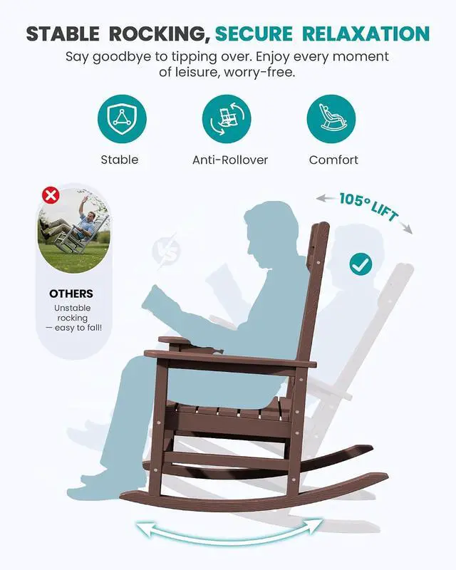 Alt view image 5 of 7 - Oversized Outdoor Rocking Chair, All-Weather Patio Rocking Chair, HDPE Porch Rocker for Adults, Coffee