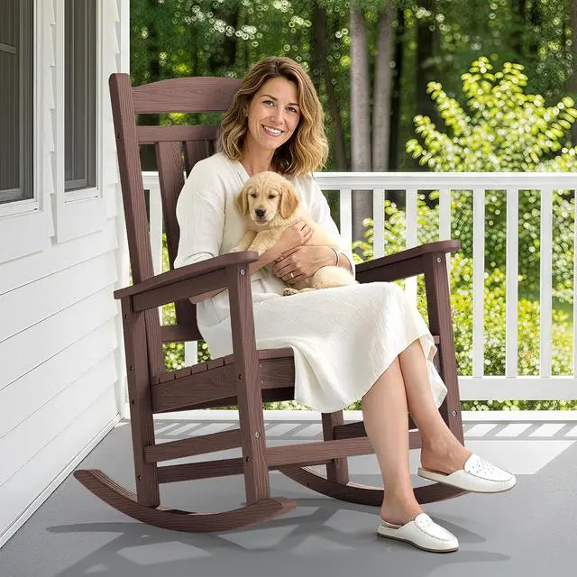 Alt view image 2 of 7 - Oversized Outdoor Rocking Chair, All-Weather Patio Rocking Chair, HDPE Porch Rocker for Adults, Coffee