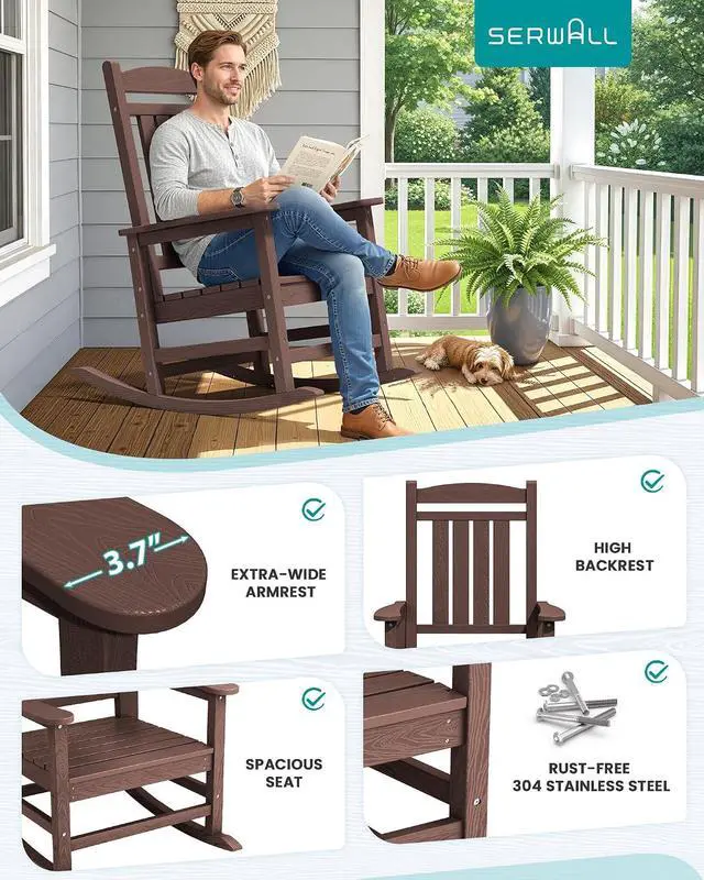 Alt view image 7 of 7 - Oversized Outdoor Rocking Chair, All-Weather Patio Rocking Chair, HDPE Porch Rocker for Adults, Coffee
