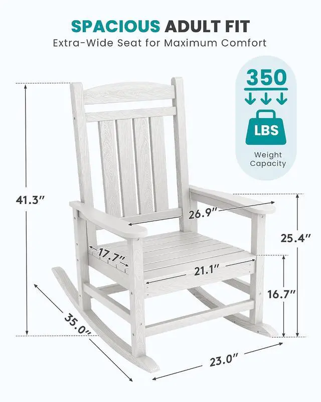 Alt view image 3 of 7 - Oversized Outdoor Rocking Chairs Set of 4, Oversized HDPE Porch Rockers for Adults, All-Weather Composite Patio Rocking Chairs, White