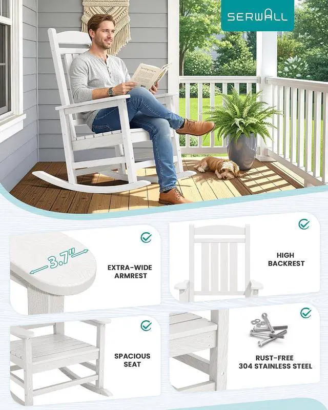 Alt view image 7 of 7 - Oversized Outdoor Rocking Chairs Set of 4, Oversized HDPE Porch Rockers for Adults, All-Weather Composite Patio Rocking Chairs, White
