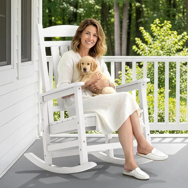 Alt view image 2 of 7 - Oversized Outdoor Rocking Chair, All-Weather Patio Rocking Chair, HDPE Porch Rocker for Adults, White