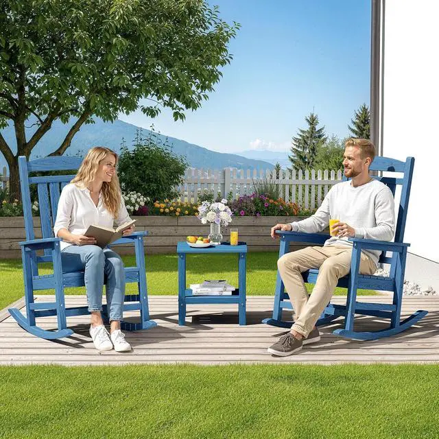 Alt view image 2 of 7 - Oversized Rocking Chairs Set of 4, HDPE Outdoor Rocking Chair, All-Weather Porch Rockers for Patio, Blue