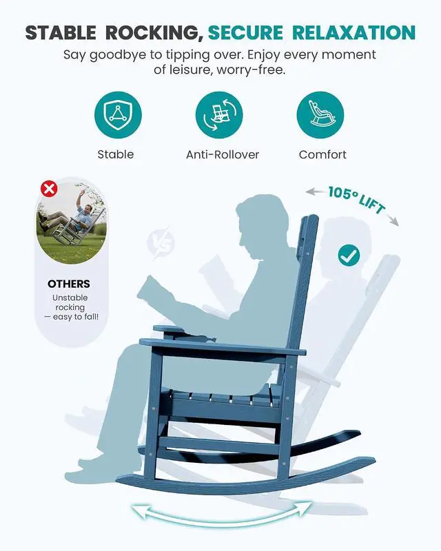 Alt view image 4 of 7 - Oversized Rocking Chairs Set of 4, HDPE Outdoor Rocking Chair, All-Weather Porch Rockers for Patio, Blue