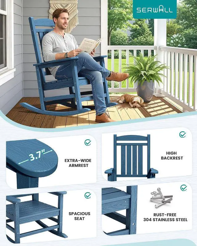 Alt view image 5 of 7 - Oversized Rocking Chairs Set of 4, HDPE Outdoor Rocking Chair, All-Weather Porch Rockers for Patio, Blue