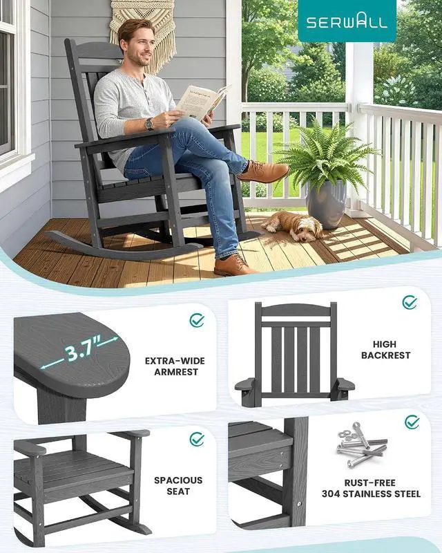 Alt view image 5 of 7 - Oversized Outdoor Rocking Chair Set of 4, HDPE Patio Rocking Chair, All-Weather Porch Rocker for Balcony, Yard, Dark Gray