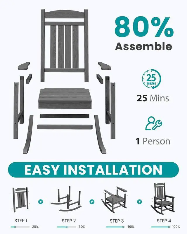 Alt view image 3 of 7 - Oversized Outdoor Rocking Chair Set of 6, HDPE Patio Rocking Chair, All-Weather Porch Rocker for Balcony, Yard, Dark Gray