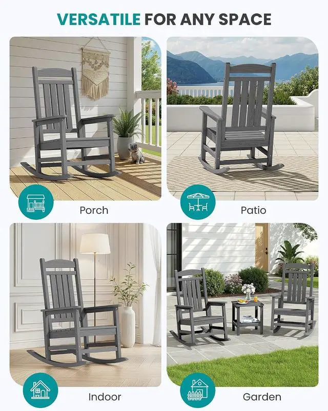 Alt view image 7 of 7 - Oversized Outdoor Rocking Chair Set of 6, HDPE Patio Rocking Chair, All-Weather Porch Rocker for Balcony, Yard, Dark Gray